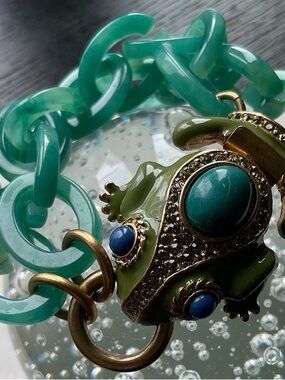 Green J Crew Retired Enamel Frog Charm Bracelet with Aqua Chain